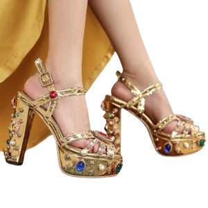 Rhinestone And Pearl Gold Heels