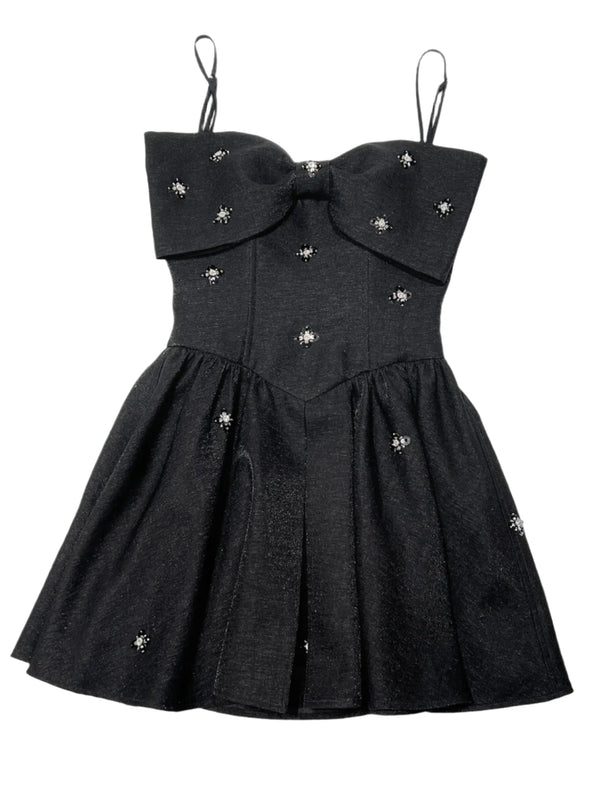 Statement Bow Embellished Black Mini Dress