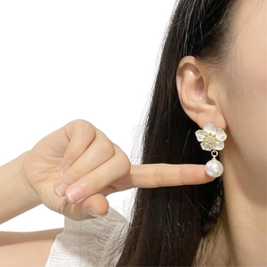 Vintage Korean Fashion Camellia Pearl Drop Earrings