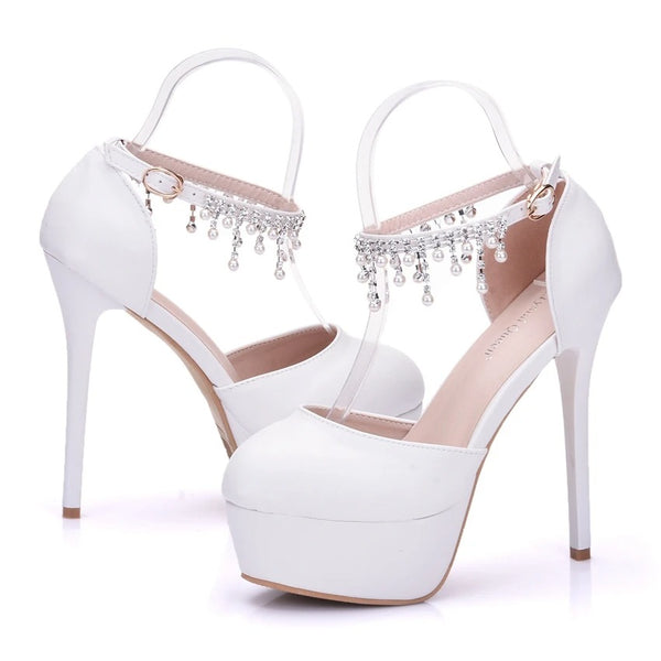 White Heels With Pearl Ankle Strap