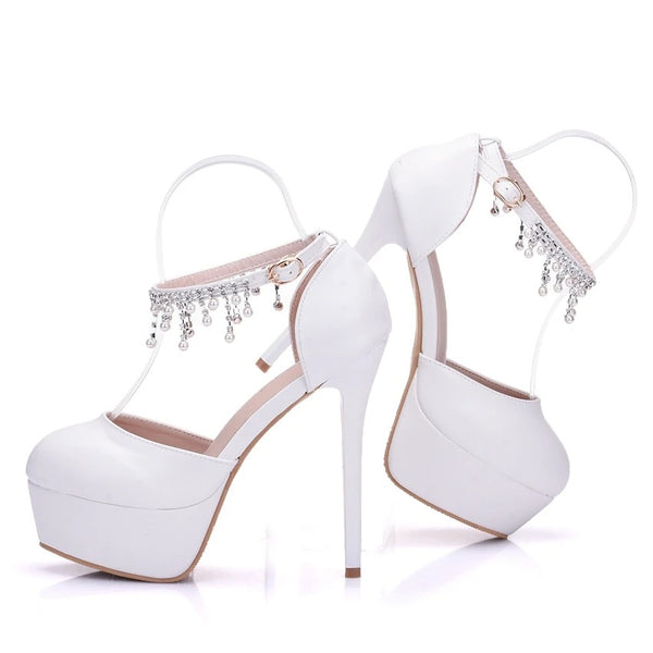 White Heels With Pearl Ankle Strap