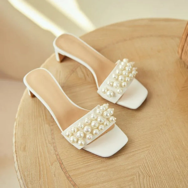 White Low Heels With Pearls