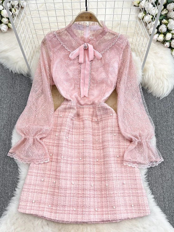 Long Sleeve Pink Dress With Pearls