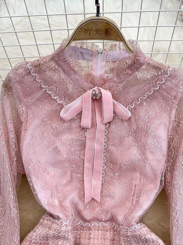 Long Sleeve Pink Dress With Pearls