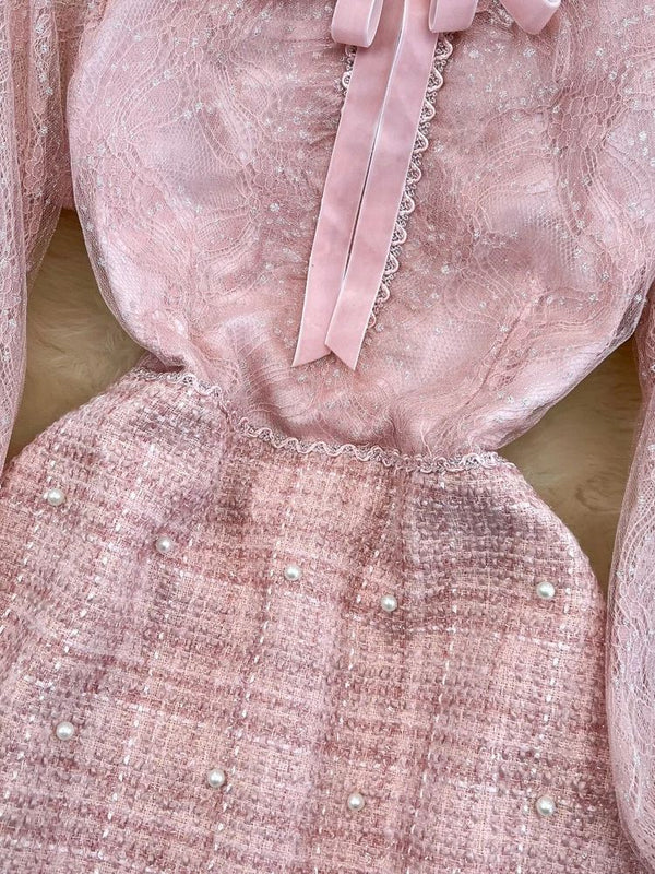 Long Sleeve Pink Dress With Pearls