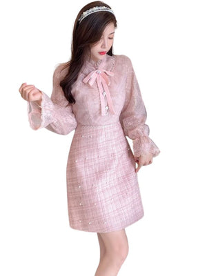 Long Sleeve Pink Dress With Pearls