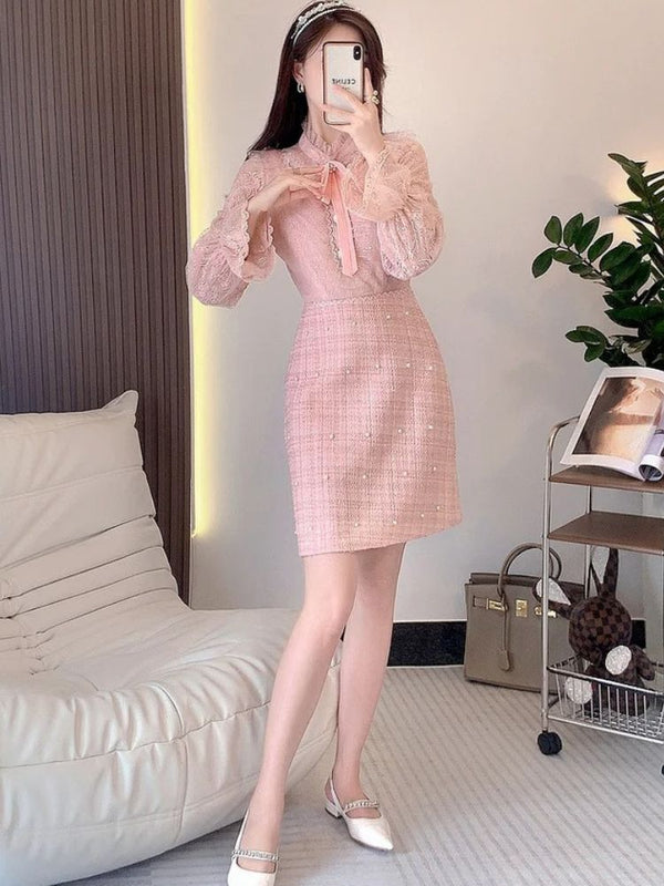 Long Sleeve Pink Dress With Pearls