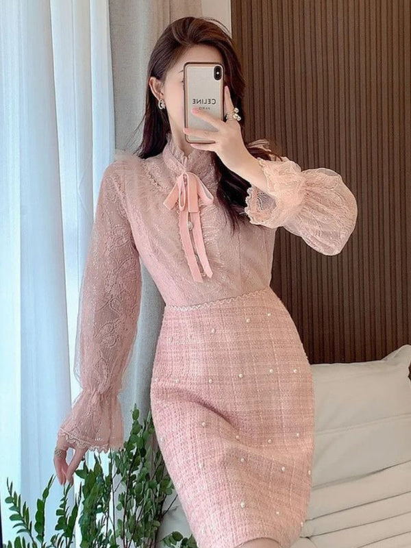 Long Sleeve Pink Dress With Pearls