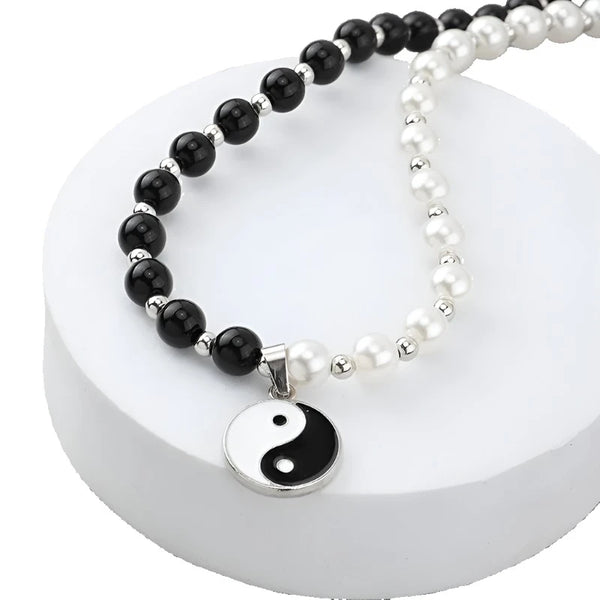 Black and White Yin Yang Pearl Necklace Men