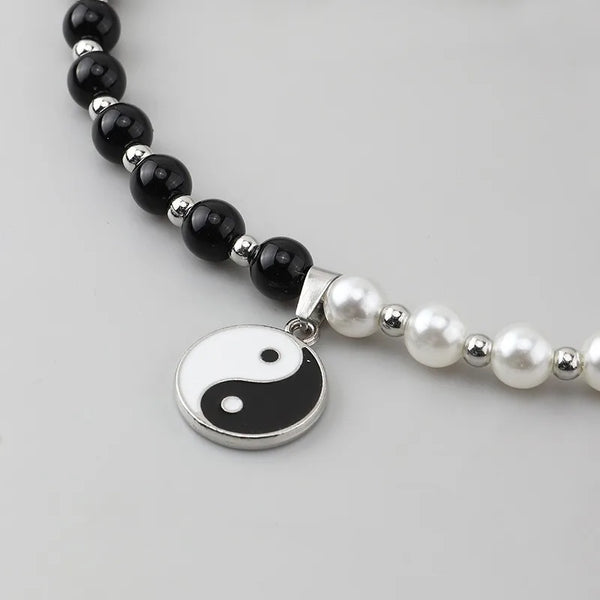 Black and White Yin Yang Pearl Necklace Men