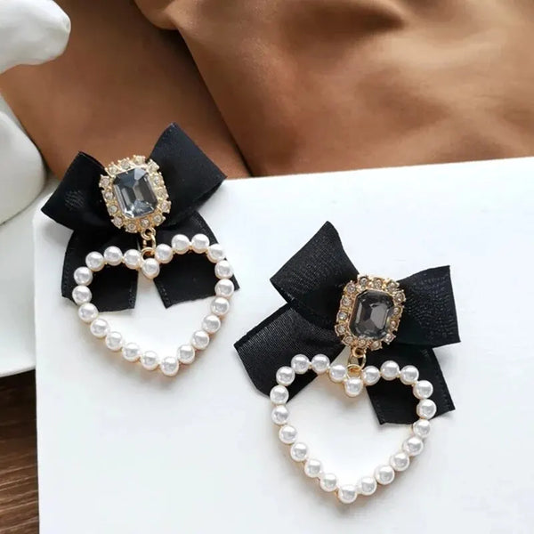 Black Bowknot Square Glass Heart Charm Drop Earrings