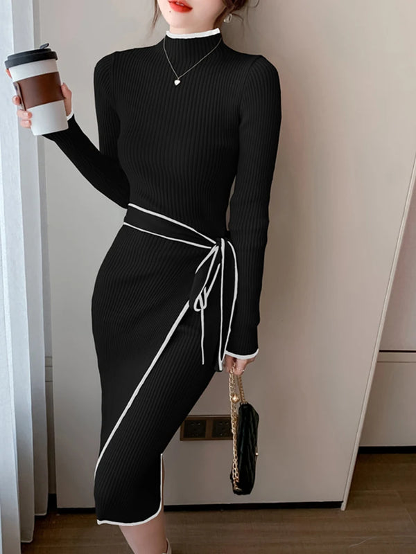 Black Long Sleeve Knit Midi Dress