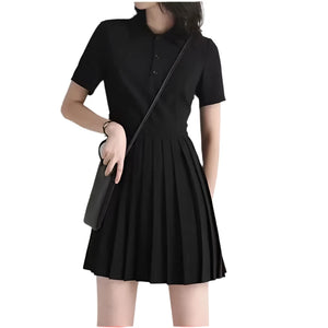 Black Pleated Polo Mini Dress 