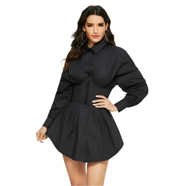 Black Shirt Corset Long Sleeve Mini Dress