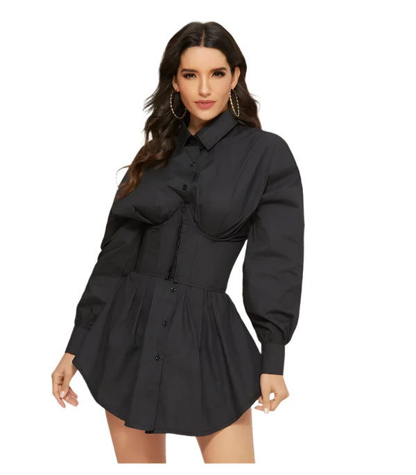 Black Shirt Corset Long Sleeve Mini Dress