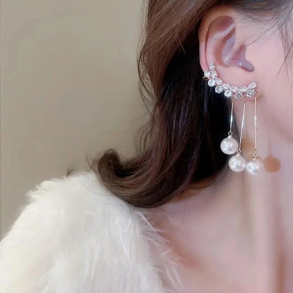 Crystal Long Tassel Pearl Dangle Earrings