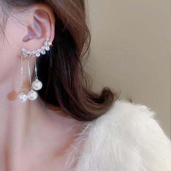 Crystal Long Tassel Pearl Dangle Earrings