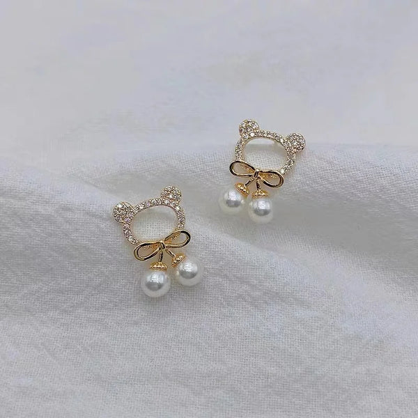 Cute Bear Drop Pearl Earrings