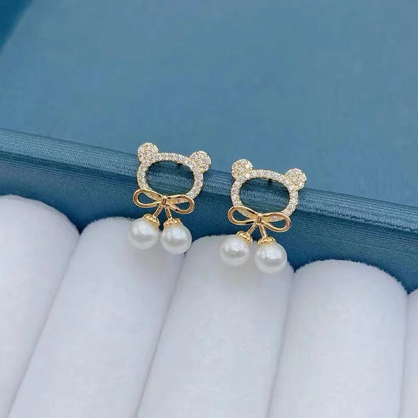 Cute Bear Drop Pearl Earrings