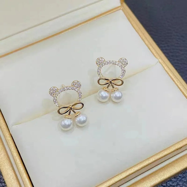 Cute Bear Drop Pearl Earrings