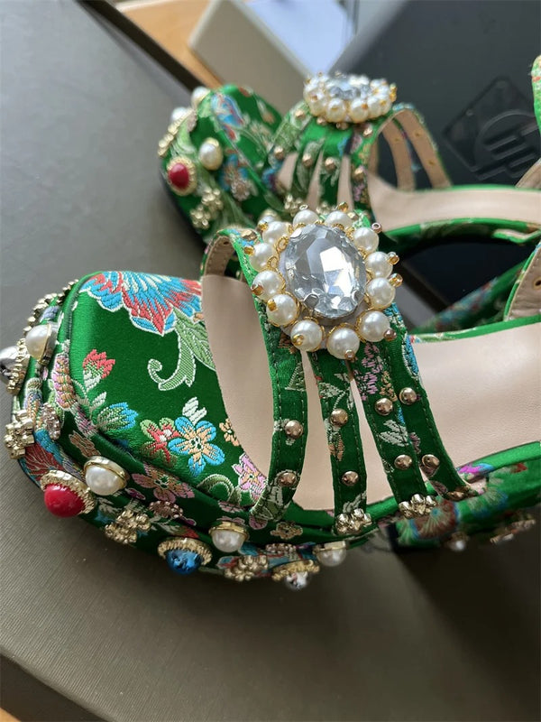 Green Heels With Pearls And Rhinestones