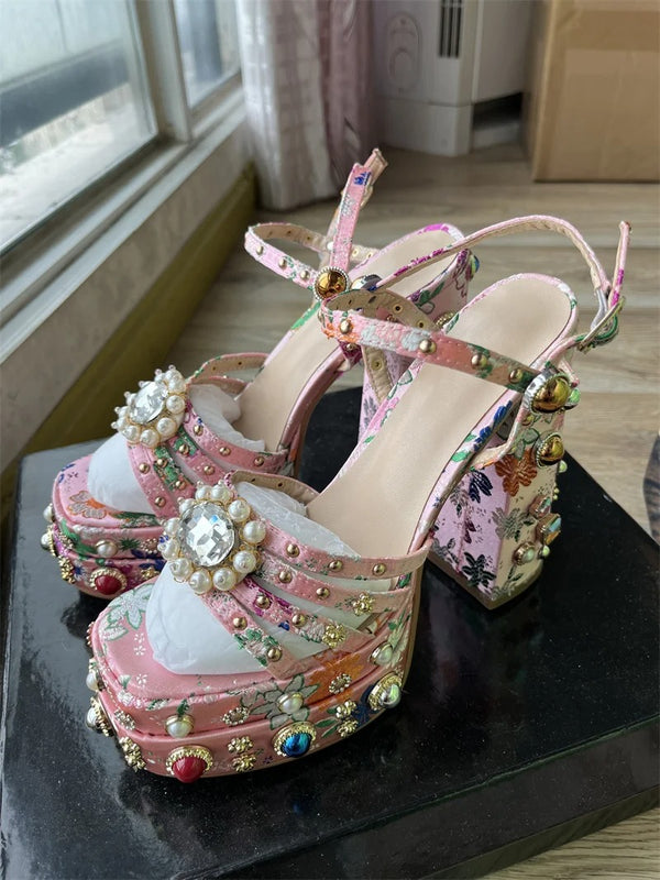 Pink Heels With Pearls And Rhinestones
