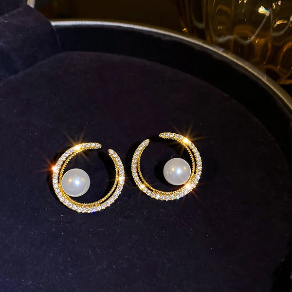 Diamond Design Hoop Earrings With Pearl Drop