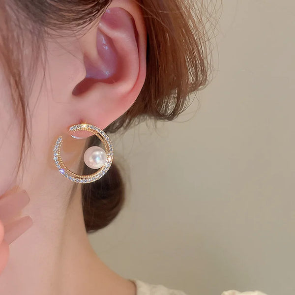 Diamond Design Hoop Earrings With Pearl Drop