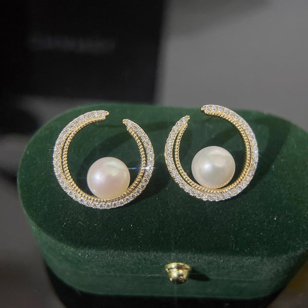 Diamond Design Hoop Earrings With Pearl Drop