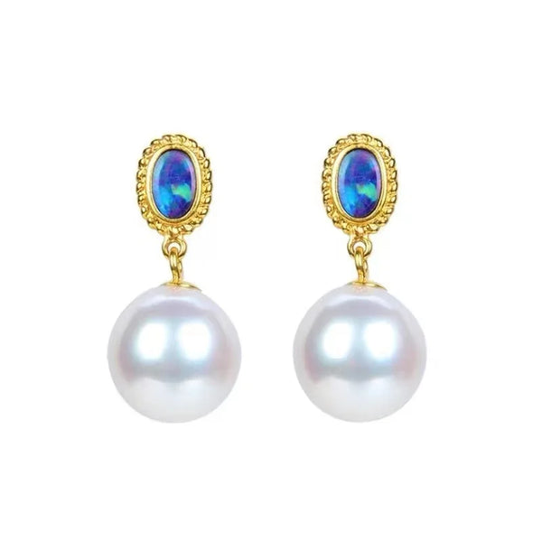 Elegant Blue Enamel Pearl Drop Earrings