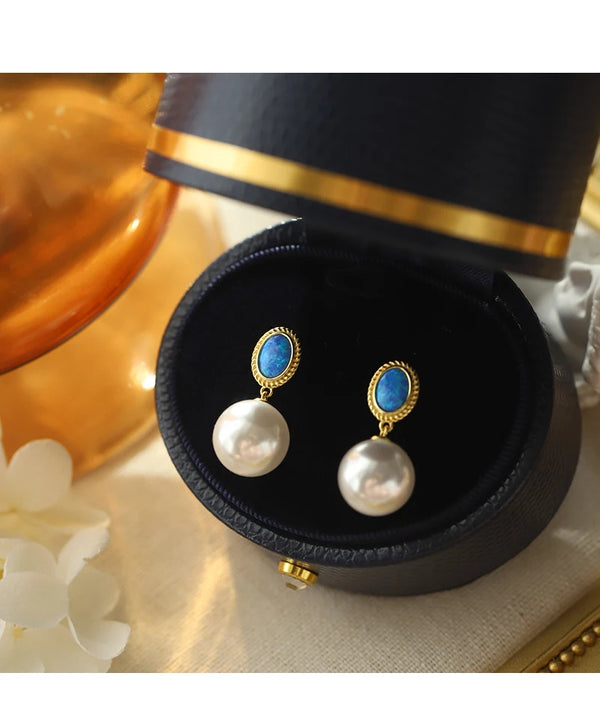 Elegant Blue Enamel Pearl Drop Earrings