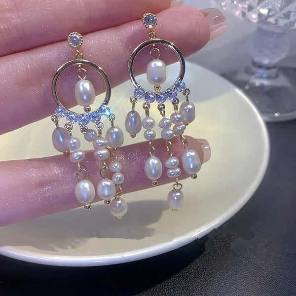 Elegant Long Multi Pearl Tassel Earrings