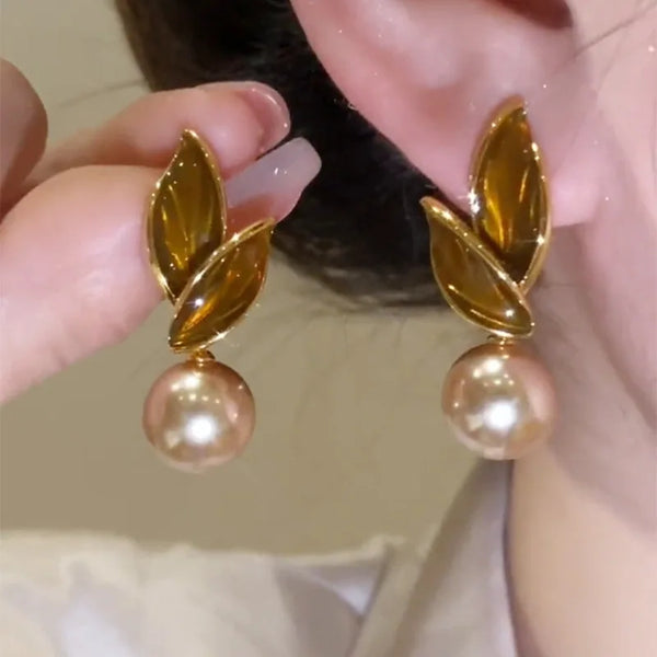 Exquisite Champagne Color Leaf Pearl Drop Women's Earrings