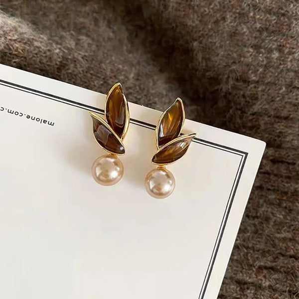 Exquisite Champagne Color Leaf Pearl Drop Women's Earrings