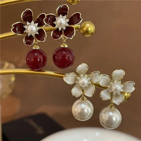 Flower Three Pearl Drop Earrings