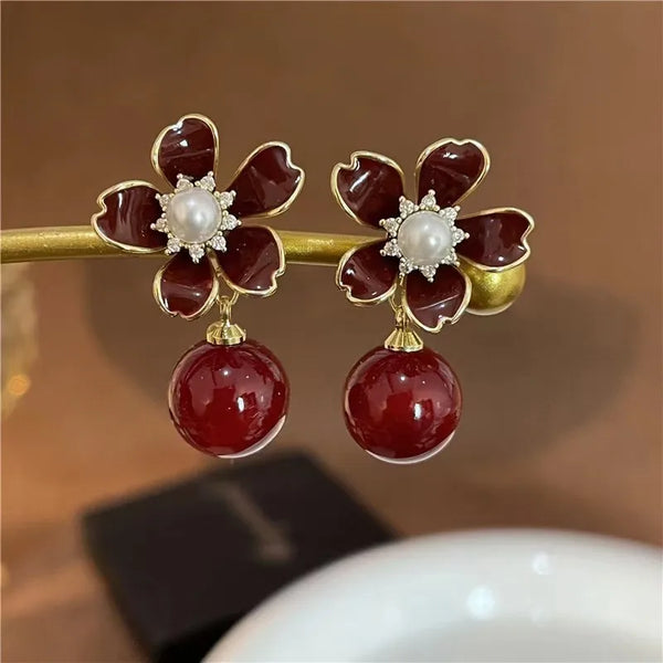 Flower Three Pearl Drop Earrings