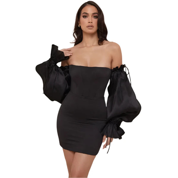 Glamorous Black Mini Dress with Off-Shoulder Balloon Sleeves