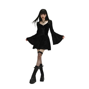 Goth Long Sleeve Mini Black Dress 