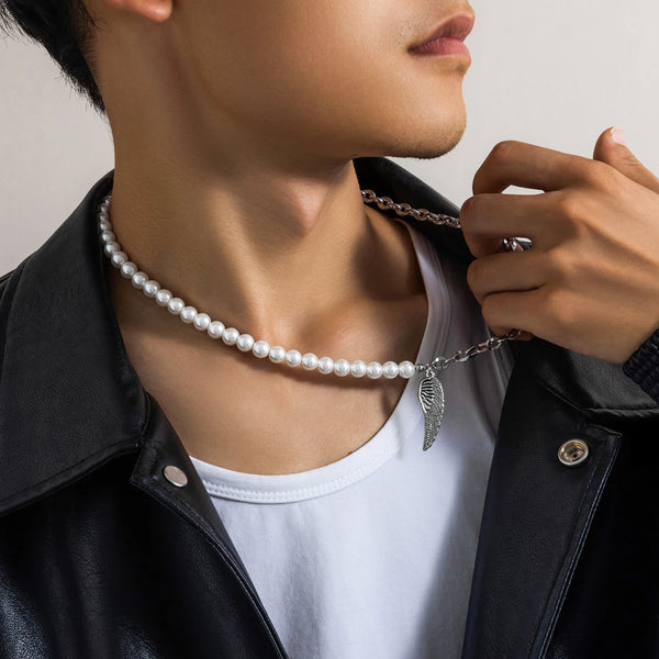 Half Pearl Half Chain Necklace Mens