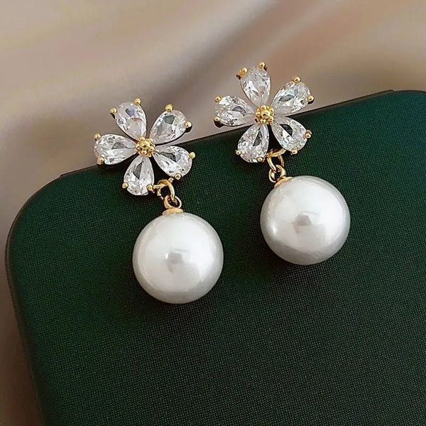 Korean Delicate Crystal Flower Pearl Drop Earrings For Women