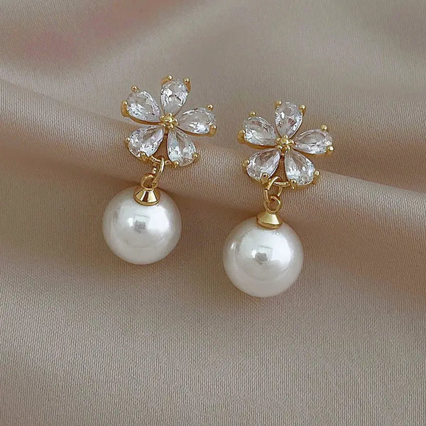 Korean Delicate Crystal Flower Pearl Drop Earrings For Women