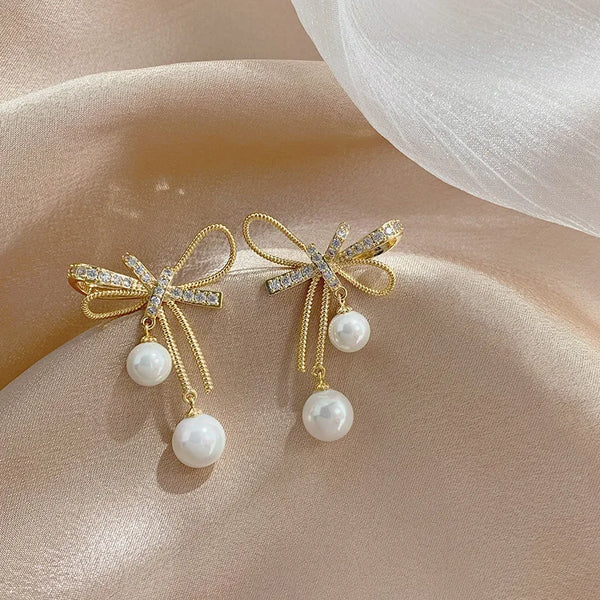 Korean Elegant Bow Rhinestone Shiny Pearl Drop Earring