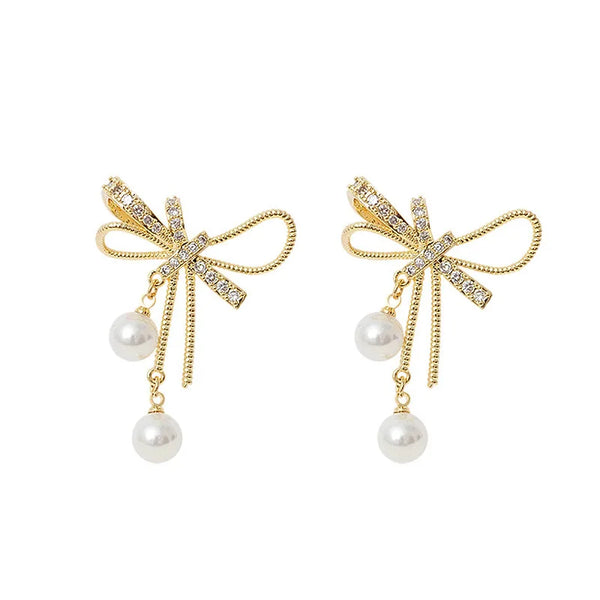 Korean Elegant Bow Rhinestone Shiny Pearl Drop Earring