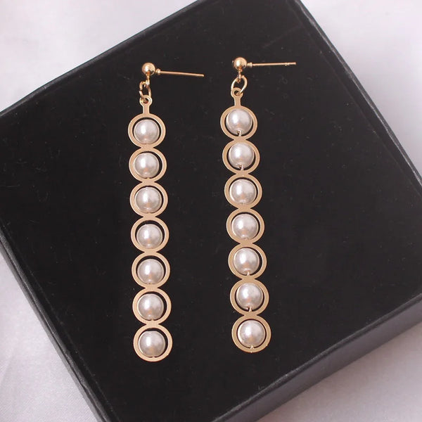 Long Women Pearl Pendants Drop Earrings