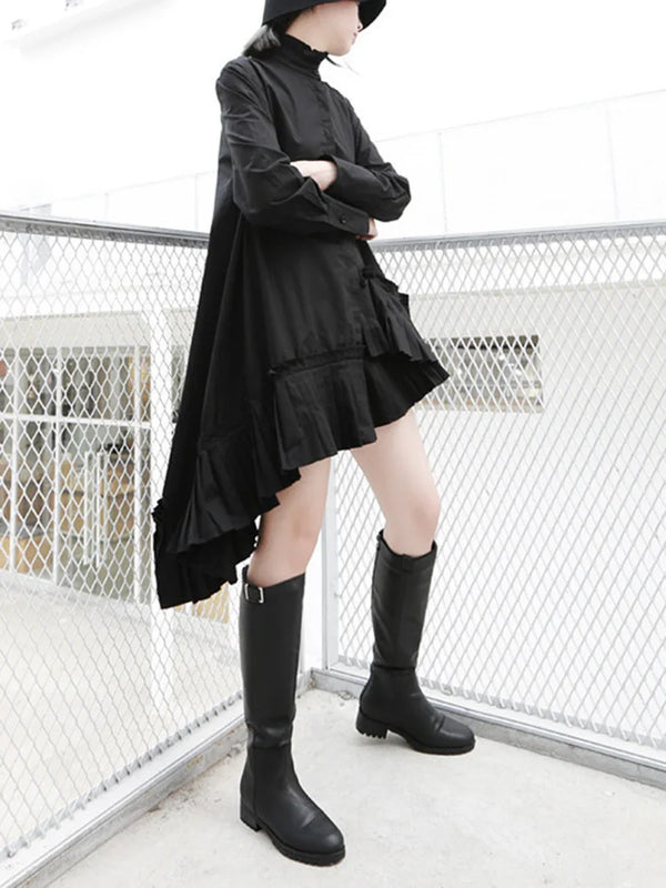 Loose Fit Pleated Black Tunic Mini Dress