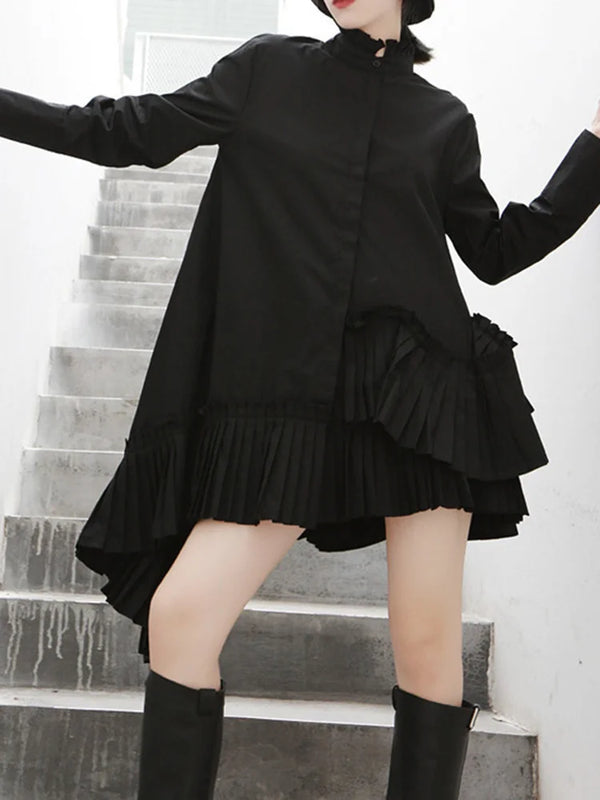 Loose Fit Pleated Black Tunic Mini Dress