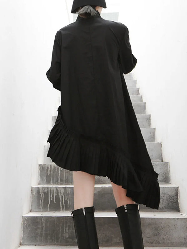 Loose Fit Pleated Black Tunic Mini Dress