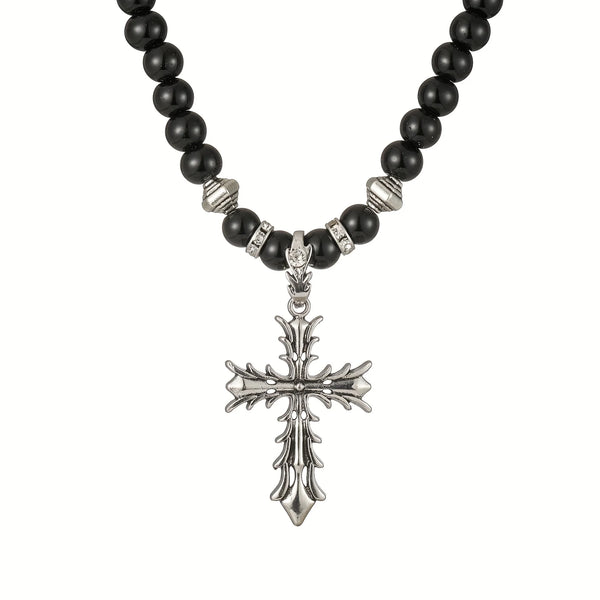 Mens Black Pearl Necklace With Cross