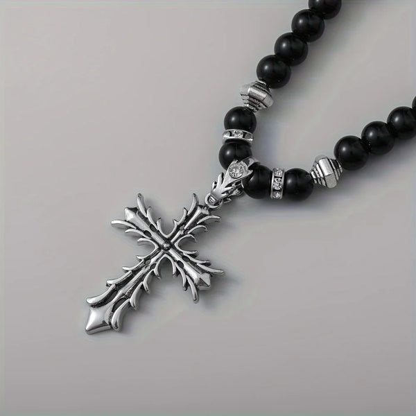 Mens Black Pearl Necklace With Cross