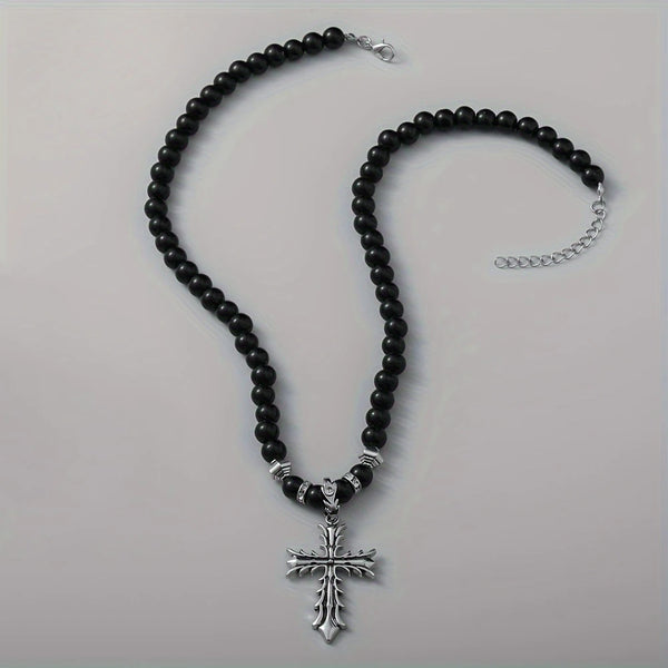 Mens Black Pearl Necklace With Cross